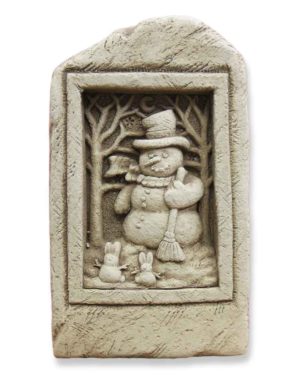 Cast Stone Plaque Featuring  Bunny Rabbits Snowman with Snow Bunnies